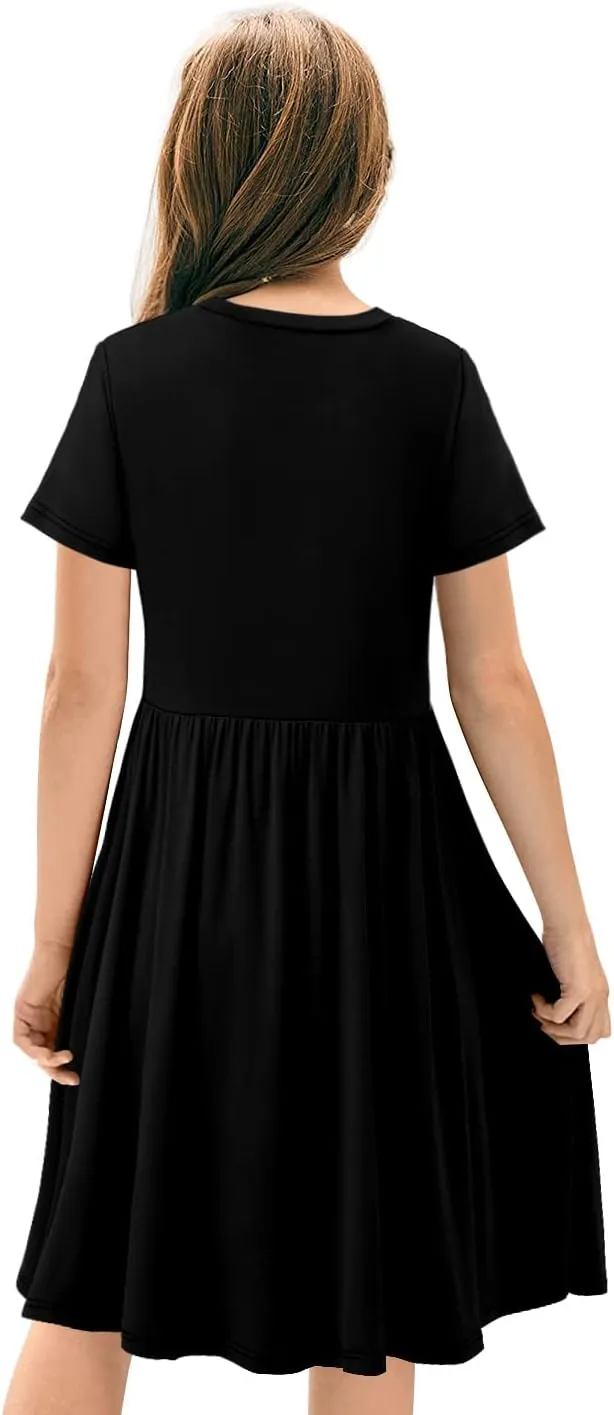 storeofbaby Girls Short Sleeve Dress Casual A Line Twirly Skater Dresses 4-13 Years
