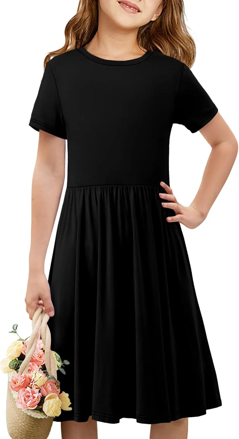 storeofbaby Girls Short Sleeve Dress Casual A Line Twirly Skater Dresses 4-13 Years