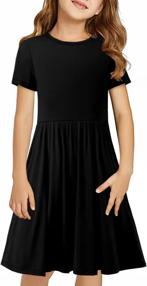 storeofbaby Girls Short Sleeve Dress Casual A Line Twirly Skater Dresses 4-13 Years