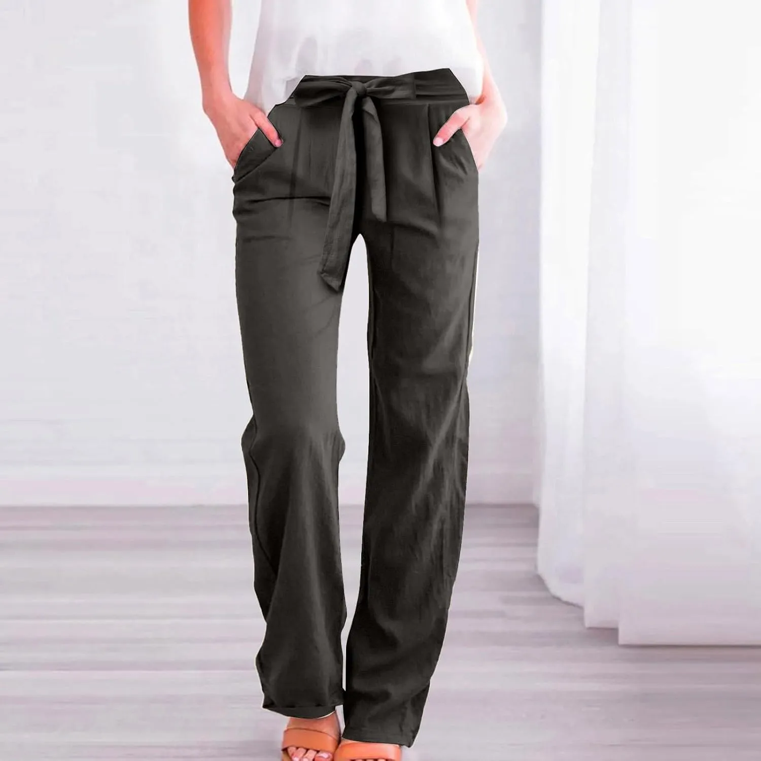 Straight Leg Linen Pants Women 2025 Summer Casual Elastic High Waisted Drawstring Pants Baggy Lounge Pants with Pockets