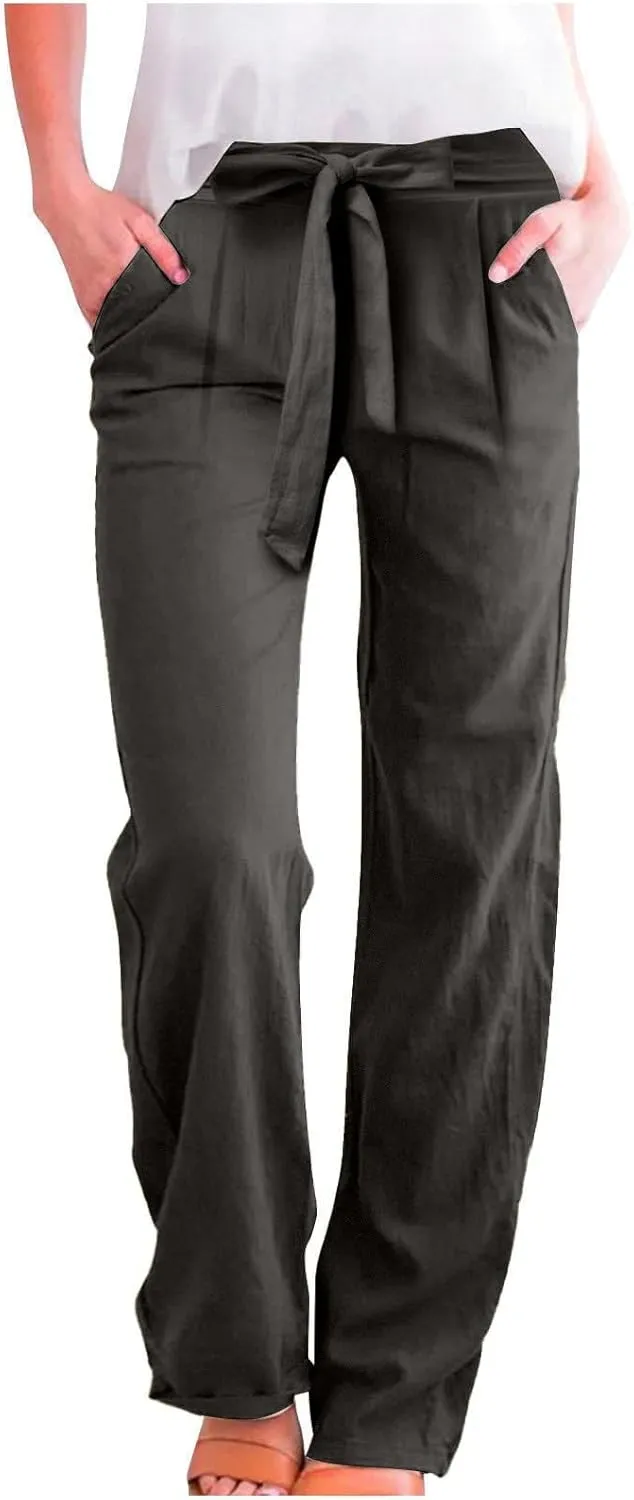 Straight Leg Linen Pants Women 2025 Summer Casual Elastic High Waisted Drawstring Pants Baggy Lounge Pants with Pockets