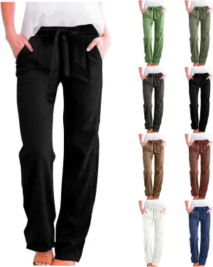 Straight Leg Linen Pants Women 2025 Summer Casual Elastic High Waisted Drawstring Pants Baggy Lounge Pants with Pockets