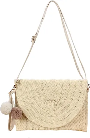 Straw Woven Tote Bag for Summer Shoulder Bag Woven Crochet Handbag Handmade Bag Hairy Ball