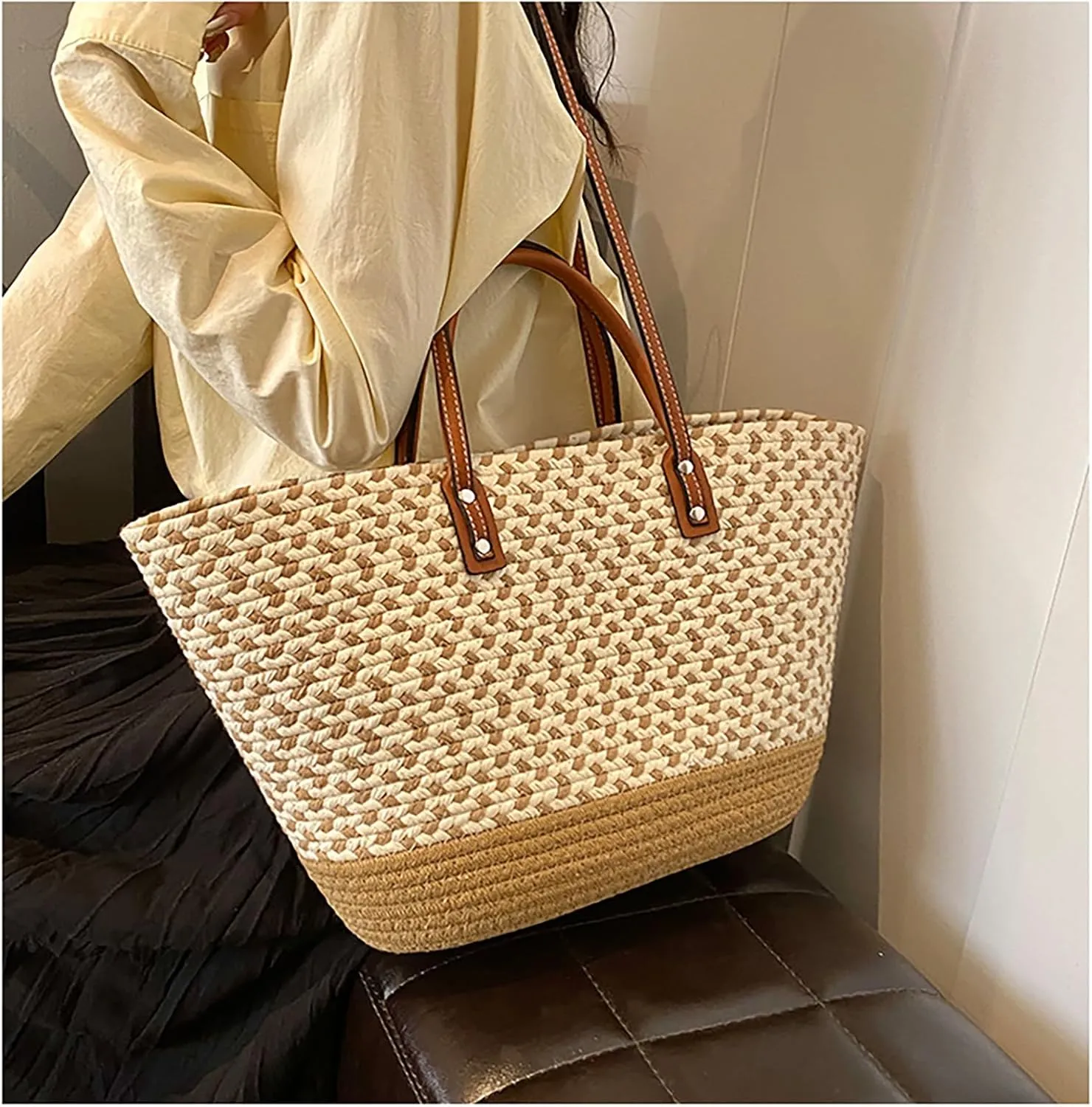 Straw Woven Tote Bag for Summer Shoulder bag Woven Crochet Handbag Handmade Blocking Bag