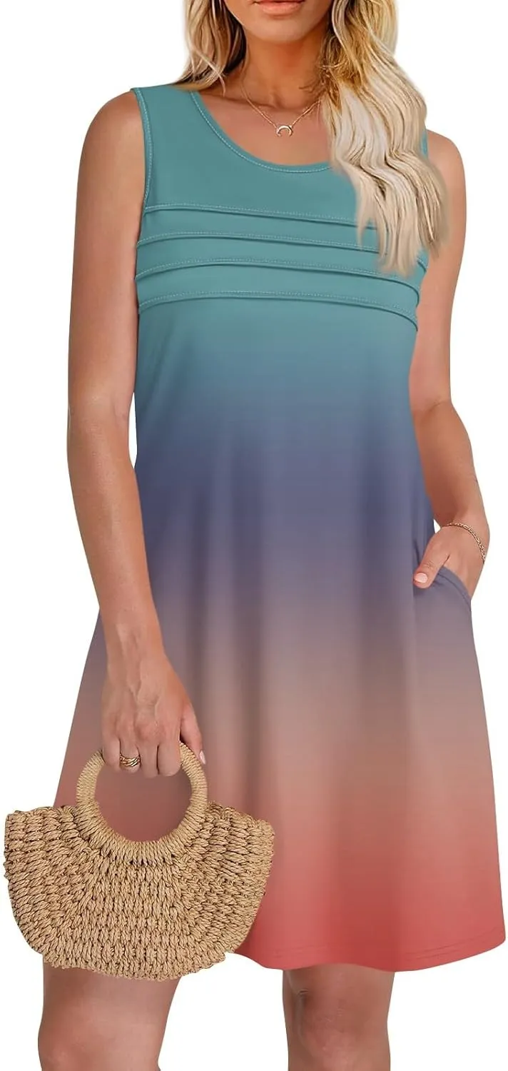 Summer Dresses for Women 2025 Casual Crewneck Sleeveless Tunic Dress Gradient Color Flowy Sundress with Pockets