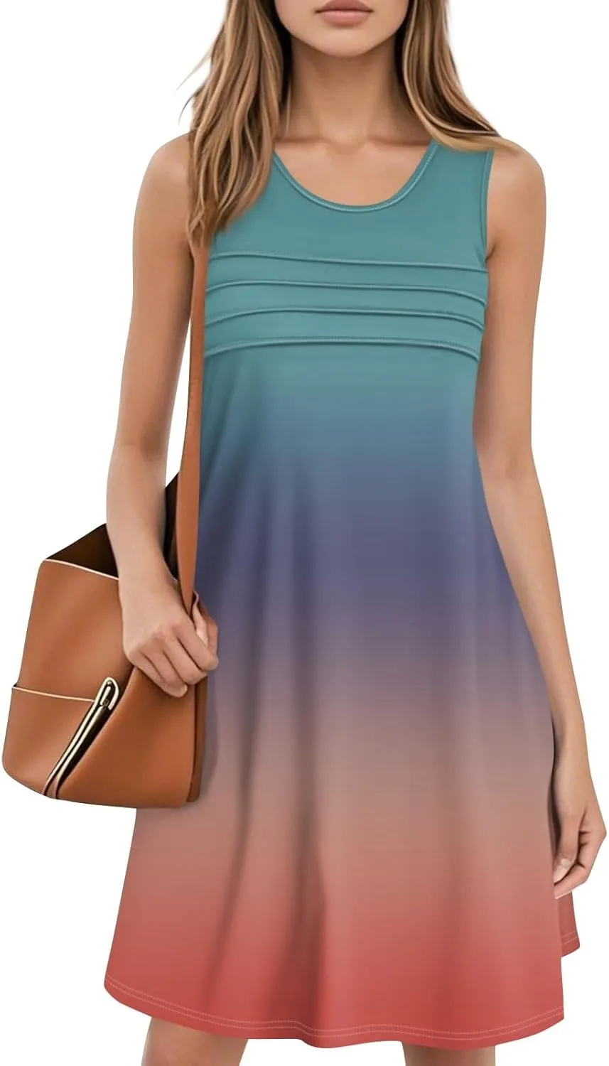 Summer Dresses for Women 2025 Casual Crewneck Sleeveless Tunic Dress Gradient Color Flowy Sundress with Pockets