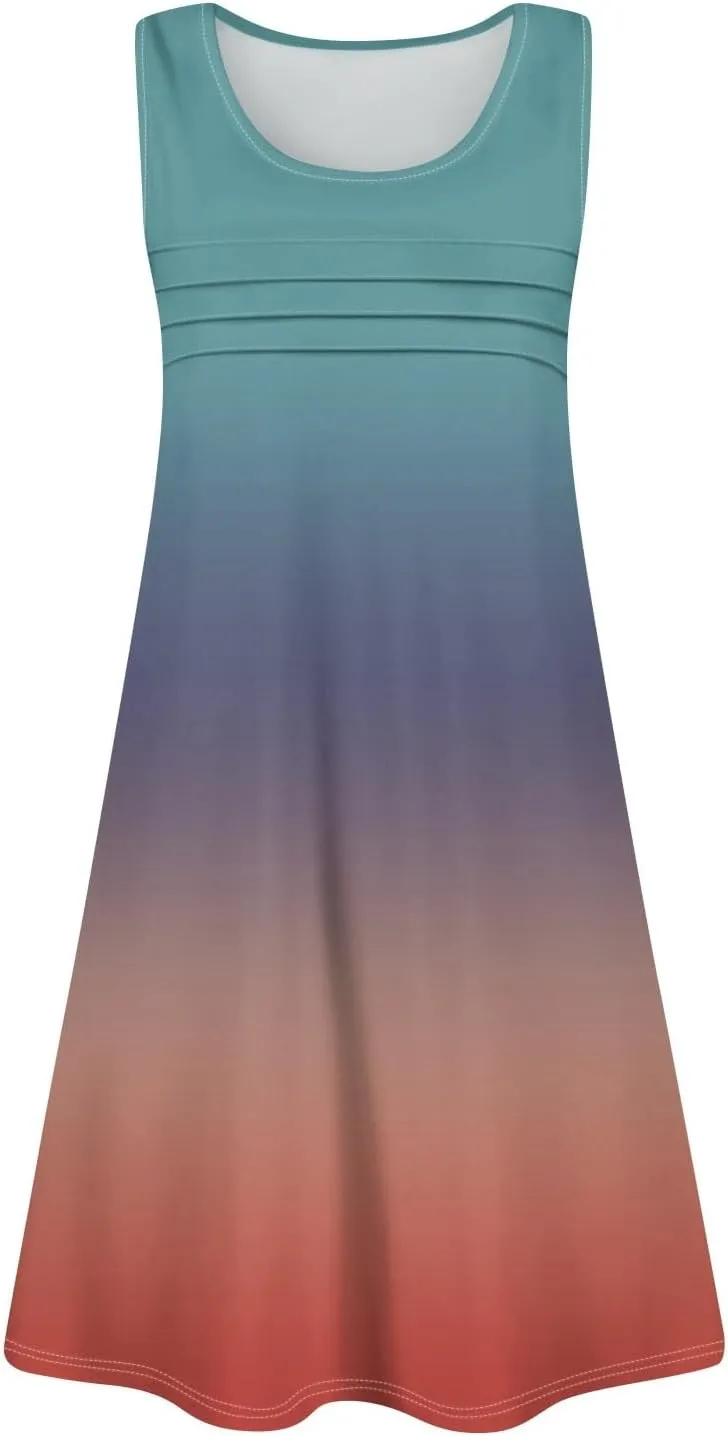 Summer Dresses for Women 2025 Casual Crewneck Sleeveless Tunic Dress Gradient Color Flowy Sundress with Pockets