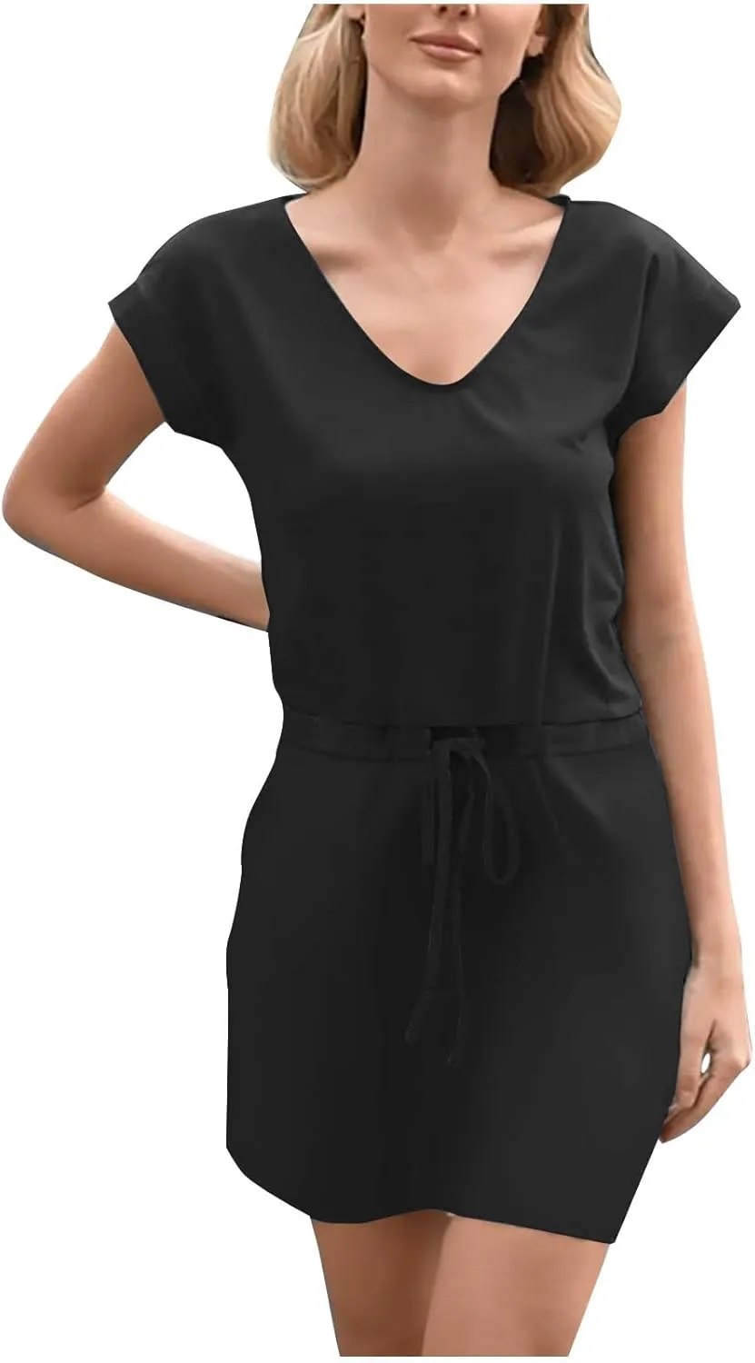 Summer Dresses for Women 2025,Casual Sun Dresses Short Sleeve v Neck Beach Vacation midi Dresses with Pockets
