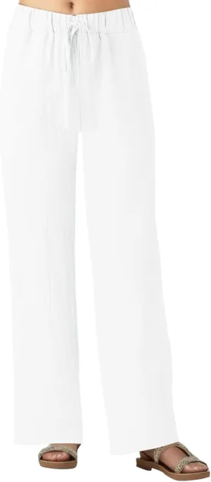 Summer Linen Pants for Women Solid Color Wide Leg Drawstring Trousers Loose Fit Fashion Casual Lounge Pants with Pockets