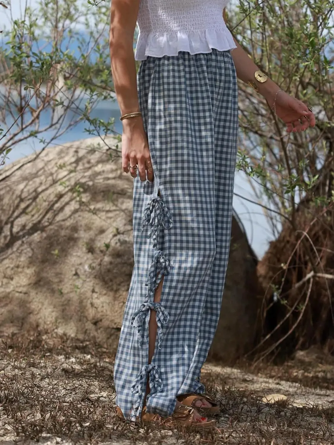Sunloudy Women Y2K Wide Leg Gingham Pants Elastic High Waist Side Tie Loose Fit Plaid Trouser Lounge Pants