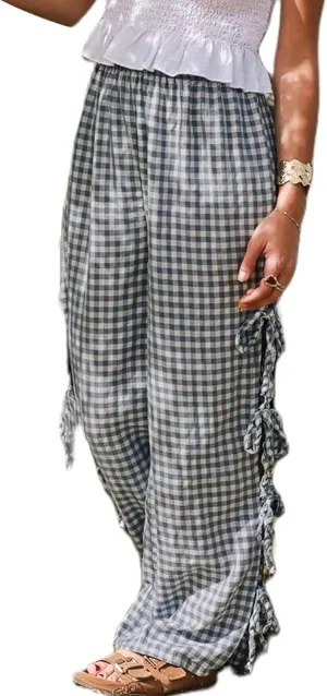 Sunloudy Women Y2K Wide Leg Gingham Pants Elastic High Waist Side Tie Loose Fit Plaid Trouser Lounge Pants