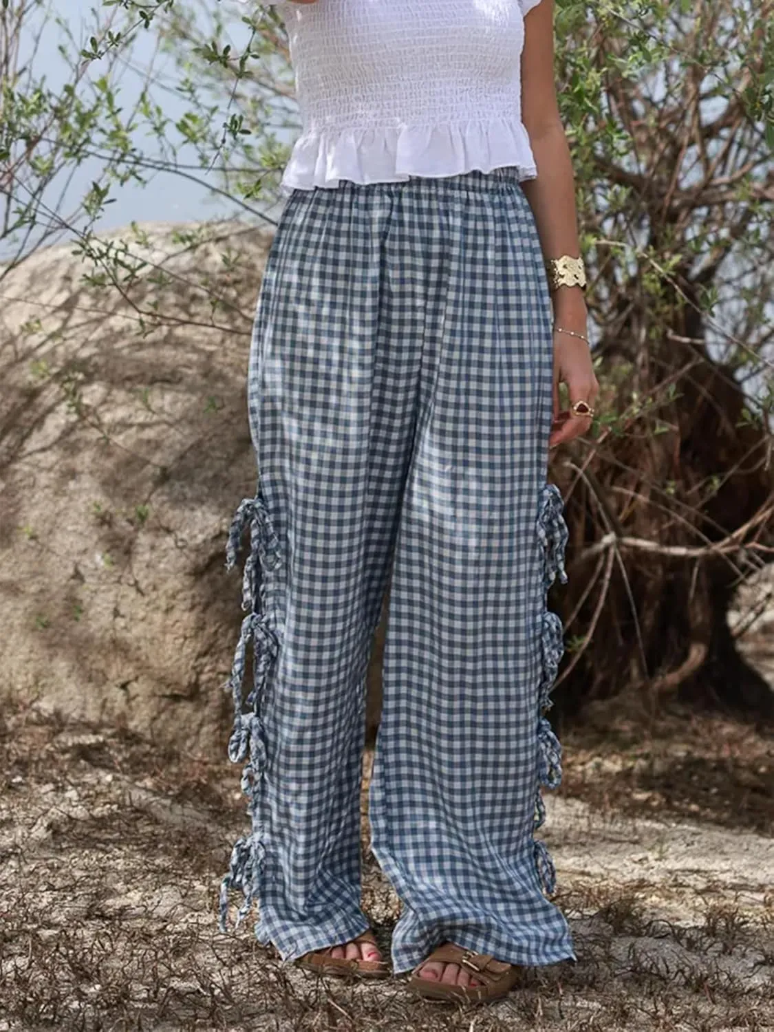 Sunloudy Women Y2K Wide Leg Gingham Pants Elastic High Waist Side Tie Loose Fit Plaid Trouser Lounge Pants