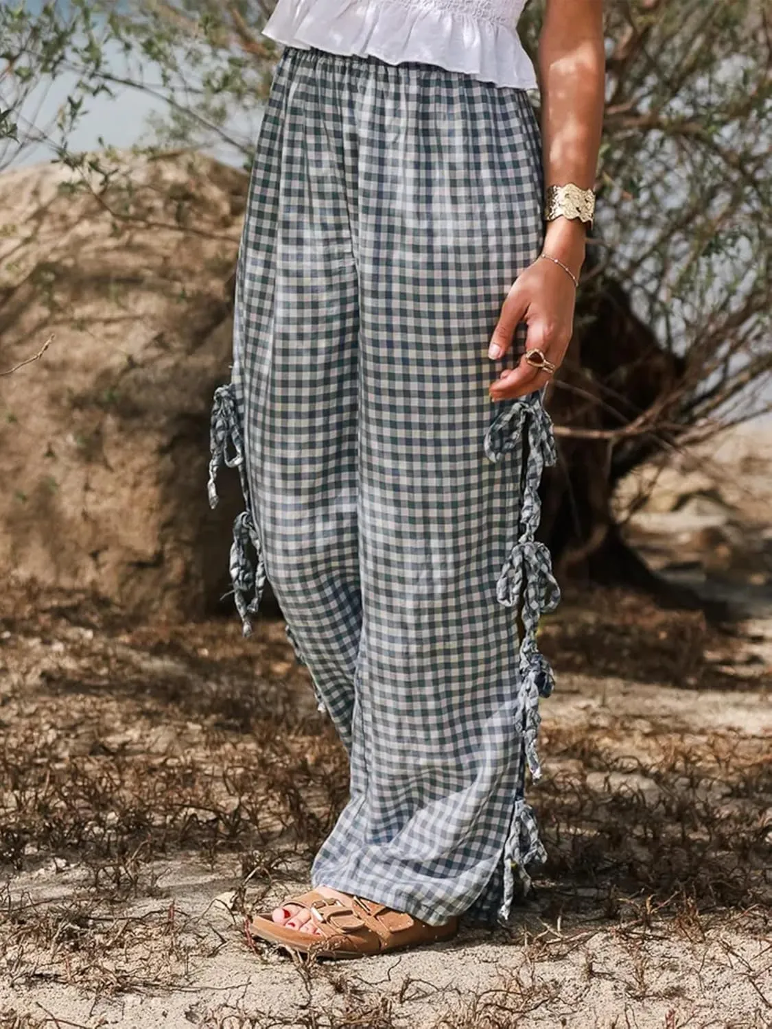 Sunloudy Women Y2K Wide Leg Gingham Pants Elastic High Waist Side Tie Loose Fit Plaid Trouser Lounge Pants
