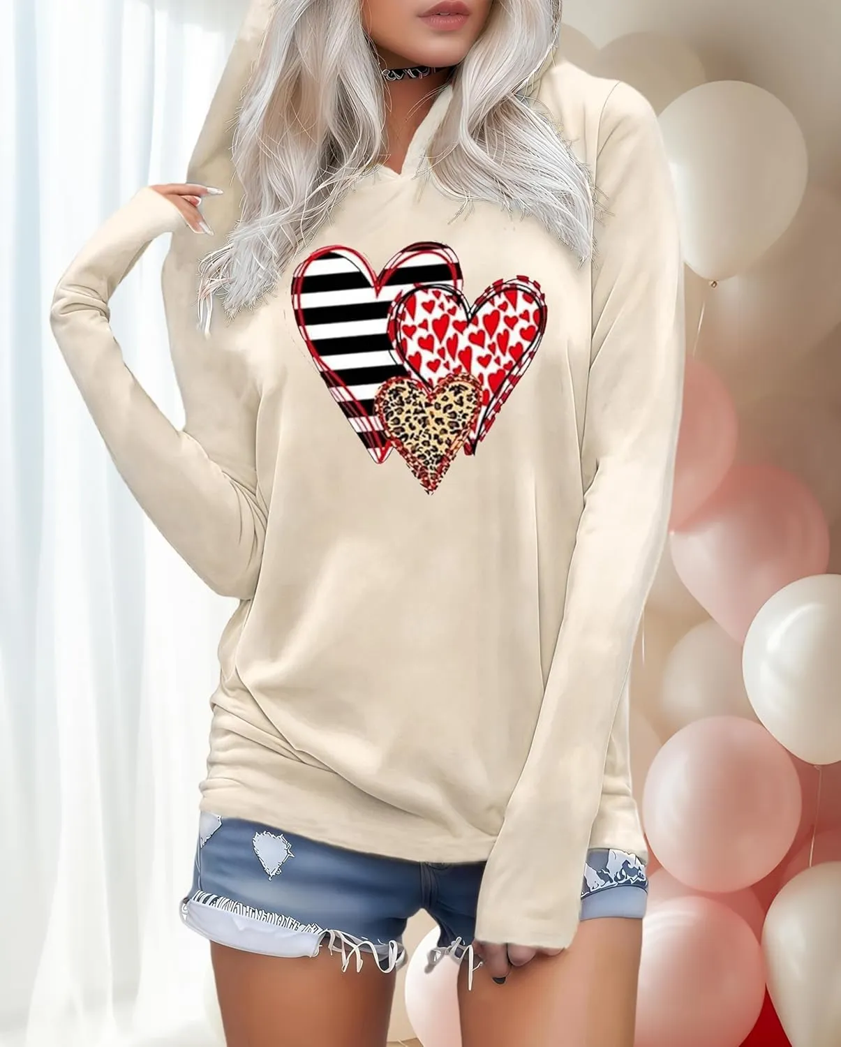 Susongeth Valentine's Day Women's Funny Love Heart Graphic Long Sleeve Hoodie
