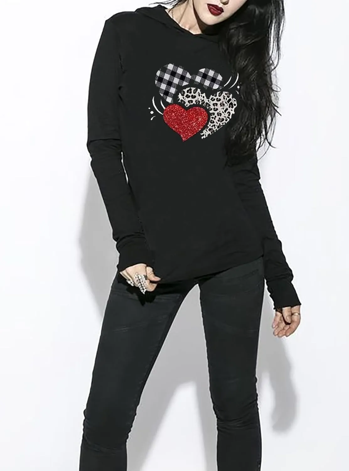 Susongeth Valentine's Day Women's Funny Love Heart Graphic Long Sleeve Hoodie