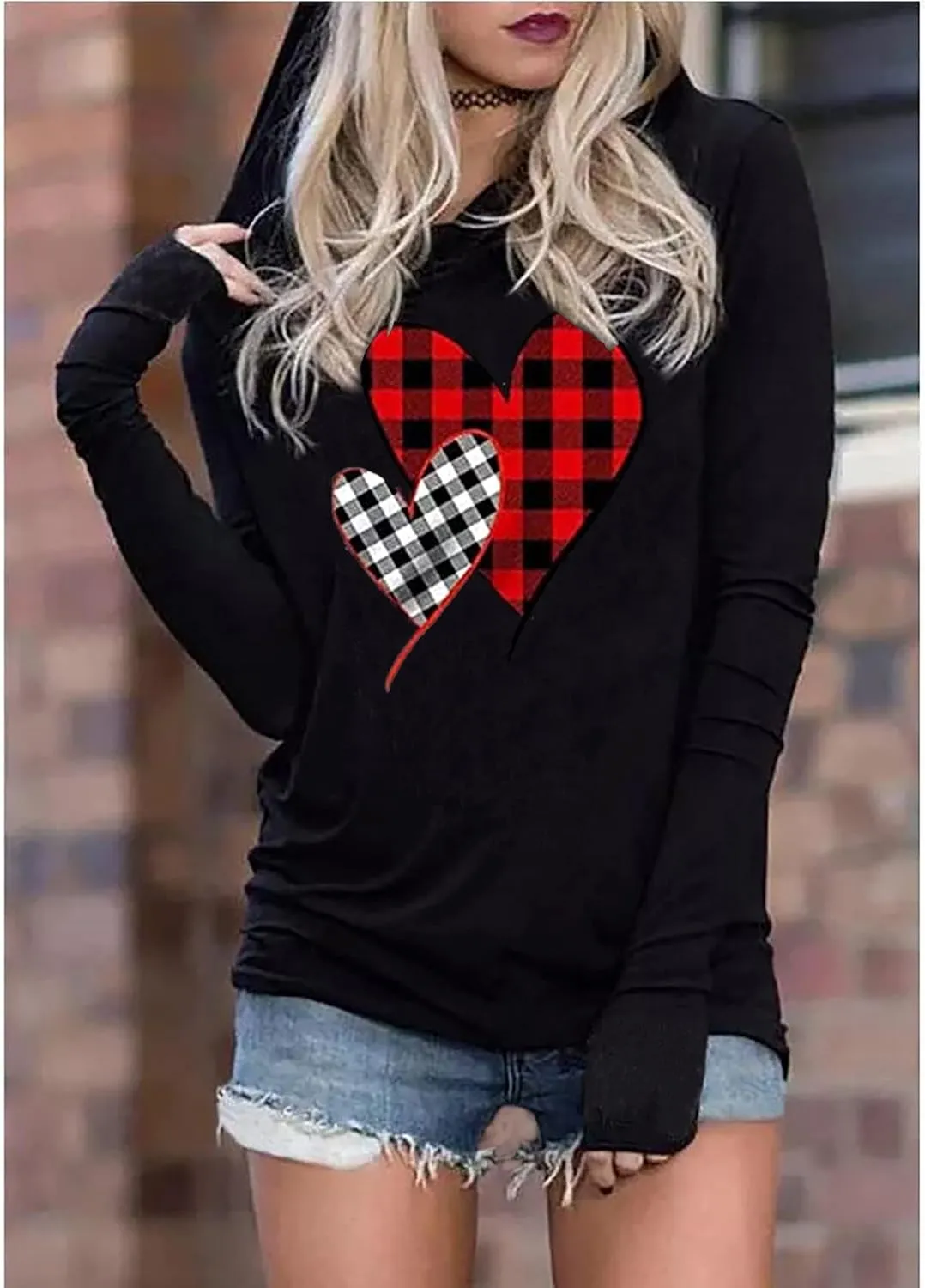 Susongeth Valentine's Day Women's Funny Love Heart Graphic Long Sleeve Hoodie