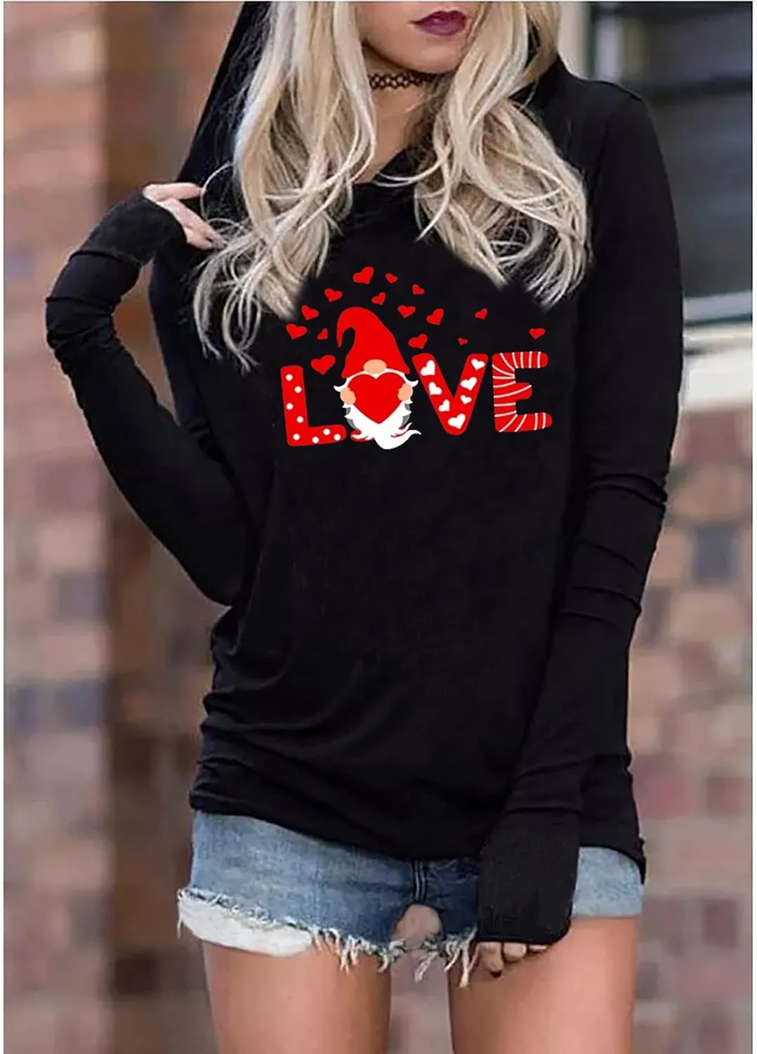 Susongeth Valentine's Day Women's Funny Love Heart Graphic Long Sleeve Hoodie