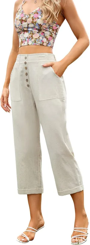 SVALIY Summer Cotton Linen Cropped Wide Leg Pants Capris Women Ladies Casual Loose Palazzo Pant Work Elastic Pocket