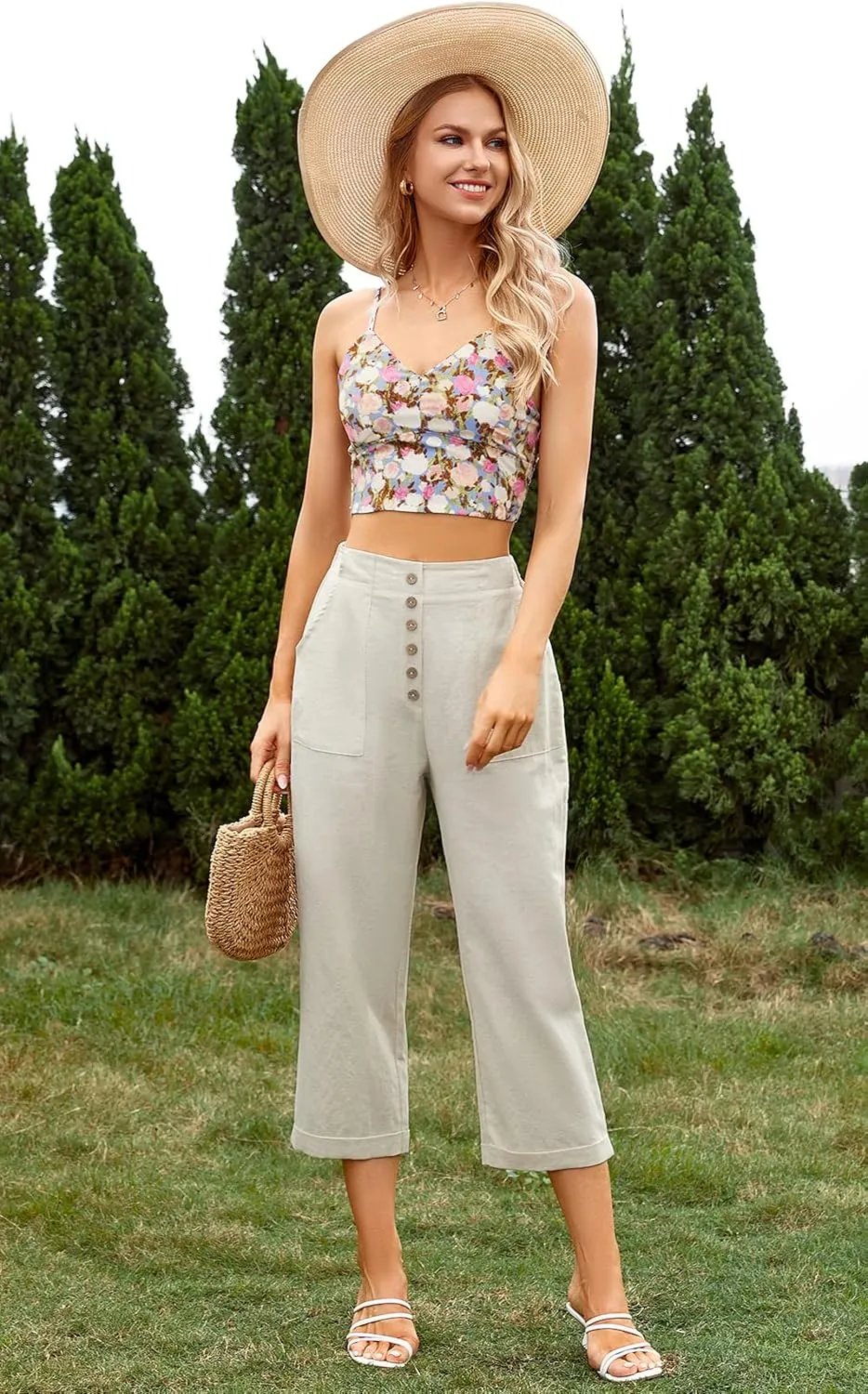 SVALIY Summer Cotton Linen Cropped Wide Leg Pants Capris Women Ladies Casual Loose Palazzo Pant Work Elastic Pocket