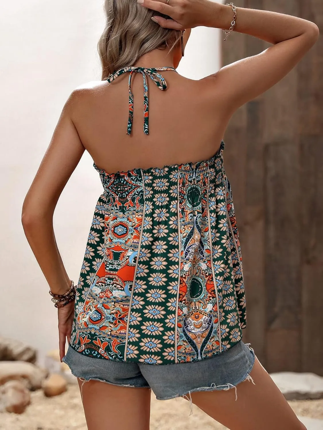 SweatyRocks Women's Boho Floral Print Backless Halter Top Summer Sleeveless Cami Tank Tops