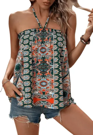 SweatyRocks Women's Boho Floral Print Backless Halter Top Summer Sleeveless Cami Tank Tops