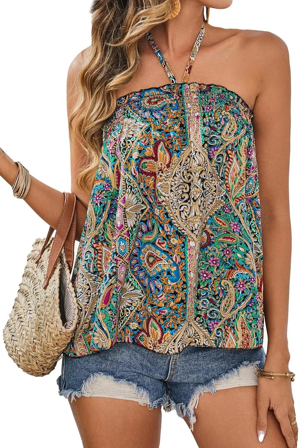 SweatyRocks Women's Boho Floral Print Backless Halter Top Summer Sleeveless Cami Tank Tops