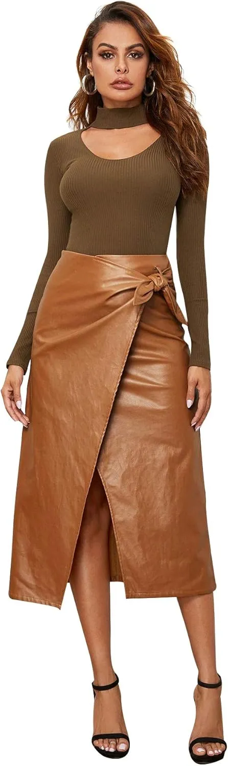 SweatyRocks Women's Elegant High Waist Tie Knot Wrap PU Leather Midi Skirts
