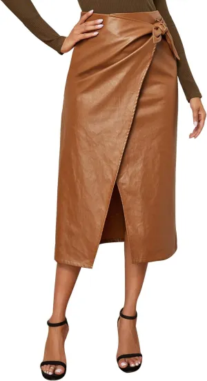 SweatyRocks Women's Elegant High Waist Tie Knot Wrap PU Leather Midi Skirts