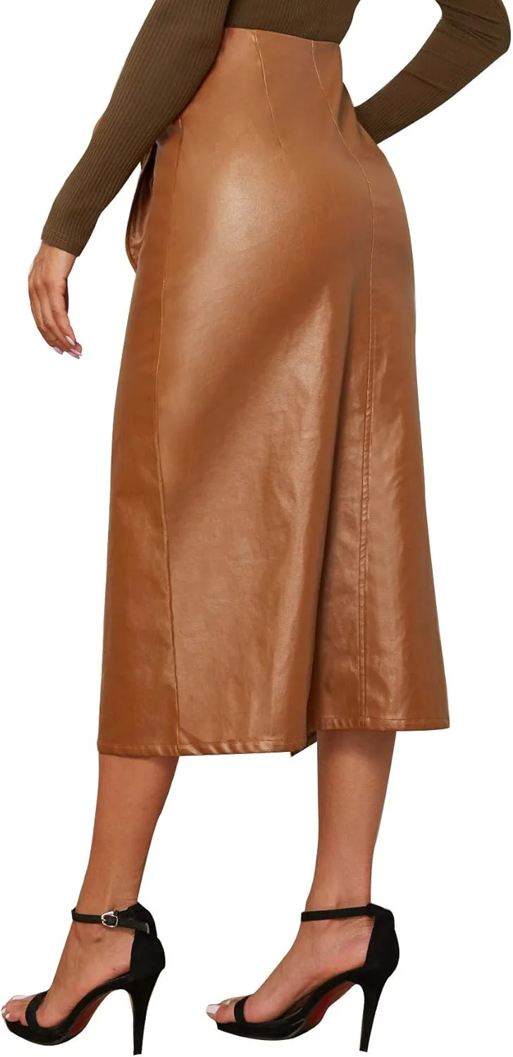 SweatyRocks Women's Elegant High Waist Tie Knot Wrap PU Leather Midi Skirts