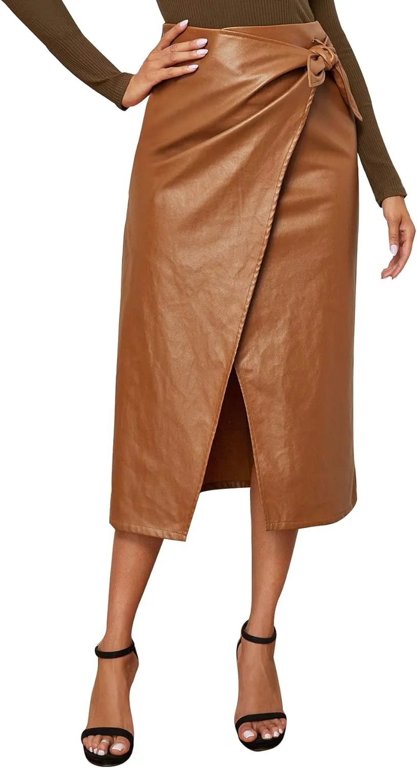 SweatyRocks Women's Elegant High Waist Tie Knot Wrap PU Leather Midi Skirts