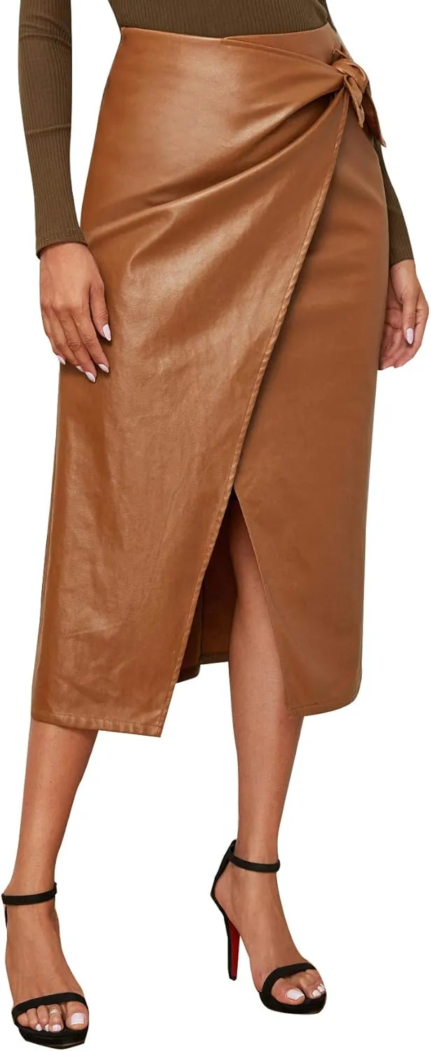 SweatyRocks Women's Elegant High Waist Tie Knot Wrap PU Leather Midi Skirts