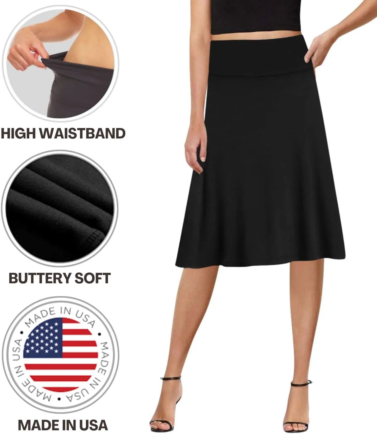 Sweet Hearts A-Line Midi Skirts for Women- High Waist Knee Length Casual Flared Flowy Skirt Made in USA
