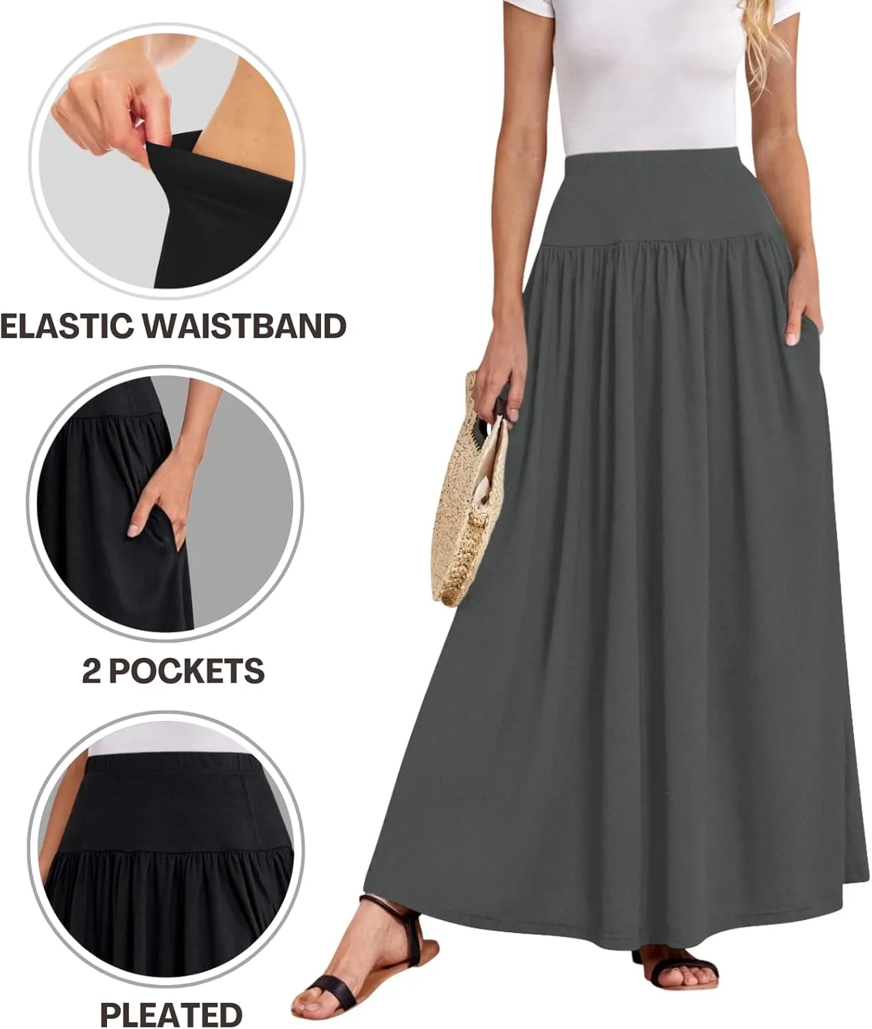 Sweet Hearts Maxi Skirts for Women with Pockets- Elastic Waist Casual Long Skirts XS-XL Made in USA