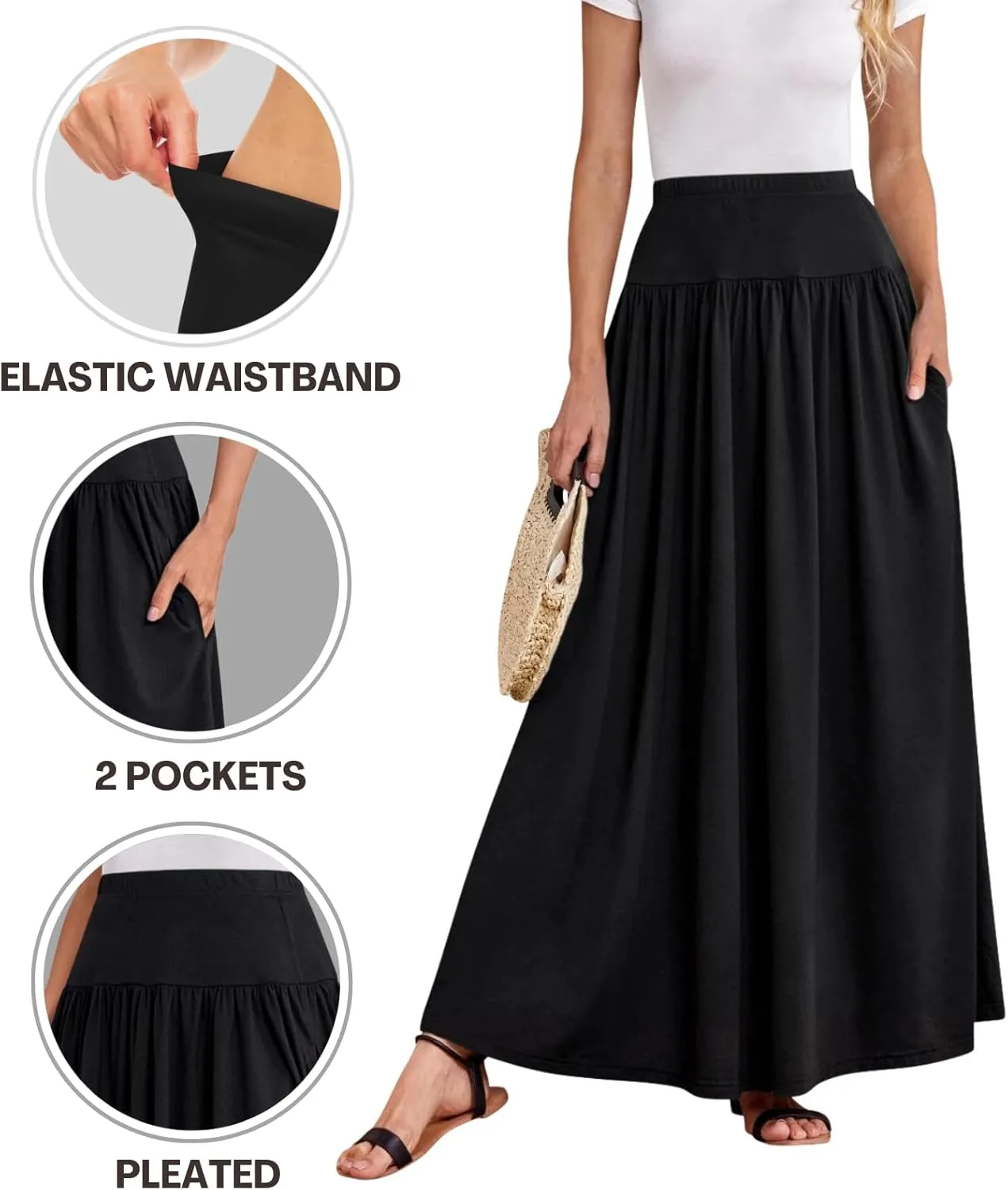 Sweet Hearts Maxi Skirts for Women with Pockets- Elastic Waist Casual Long Skirts XS-XL Made in USA