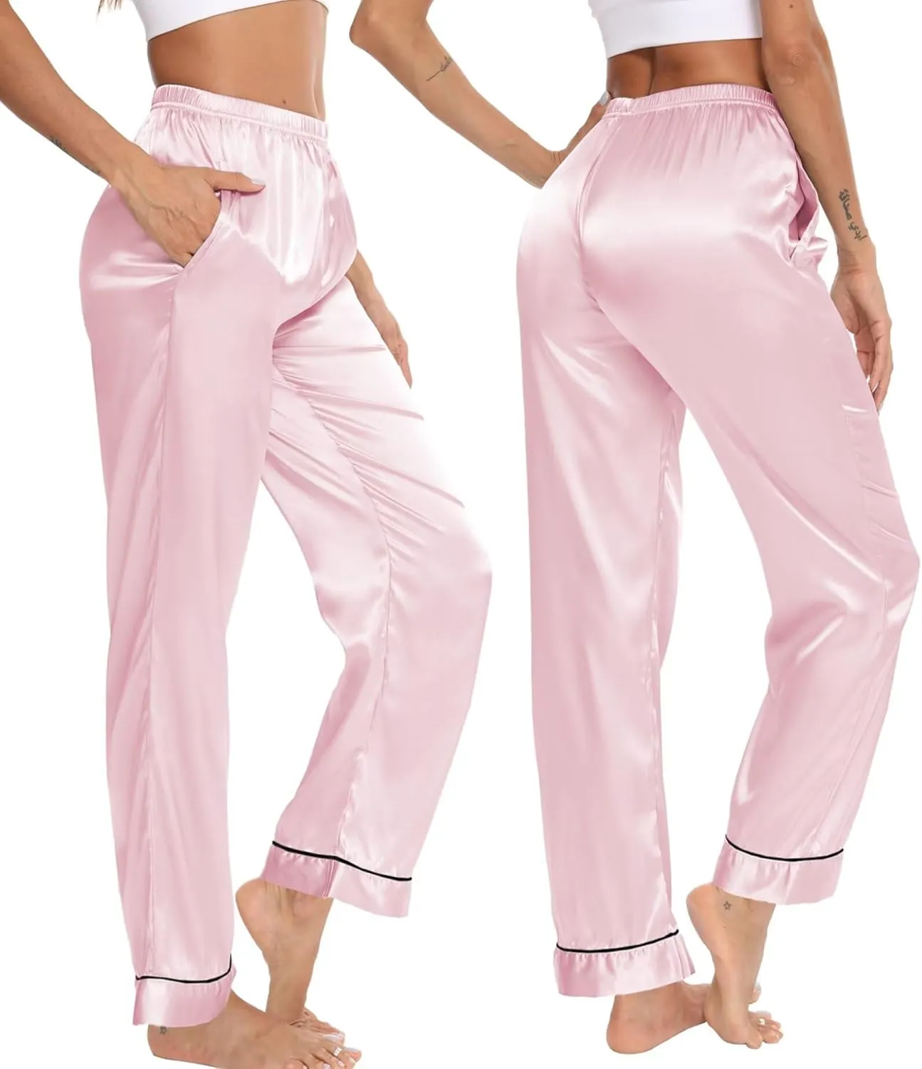 SWOMOG Women's Silk Satin Pants Wide Leg Pajama Bottoms Palazzo Lounge Pants Casual Loose Trousers Pj with Pockets