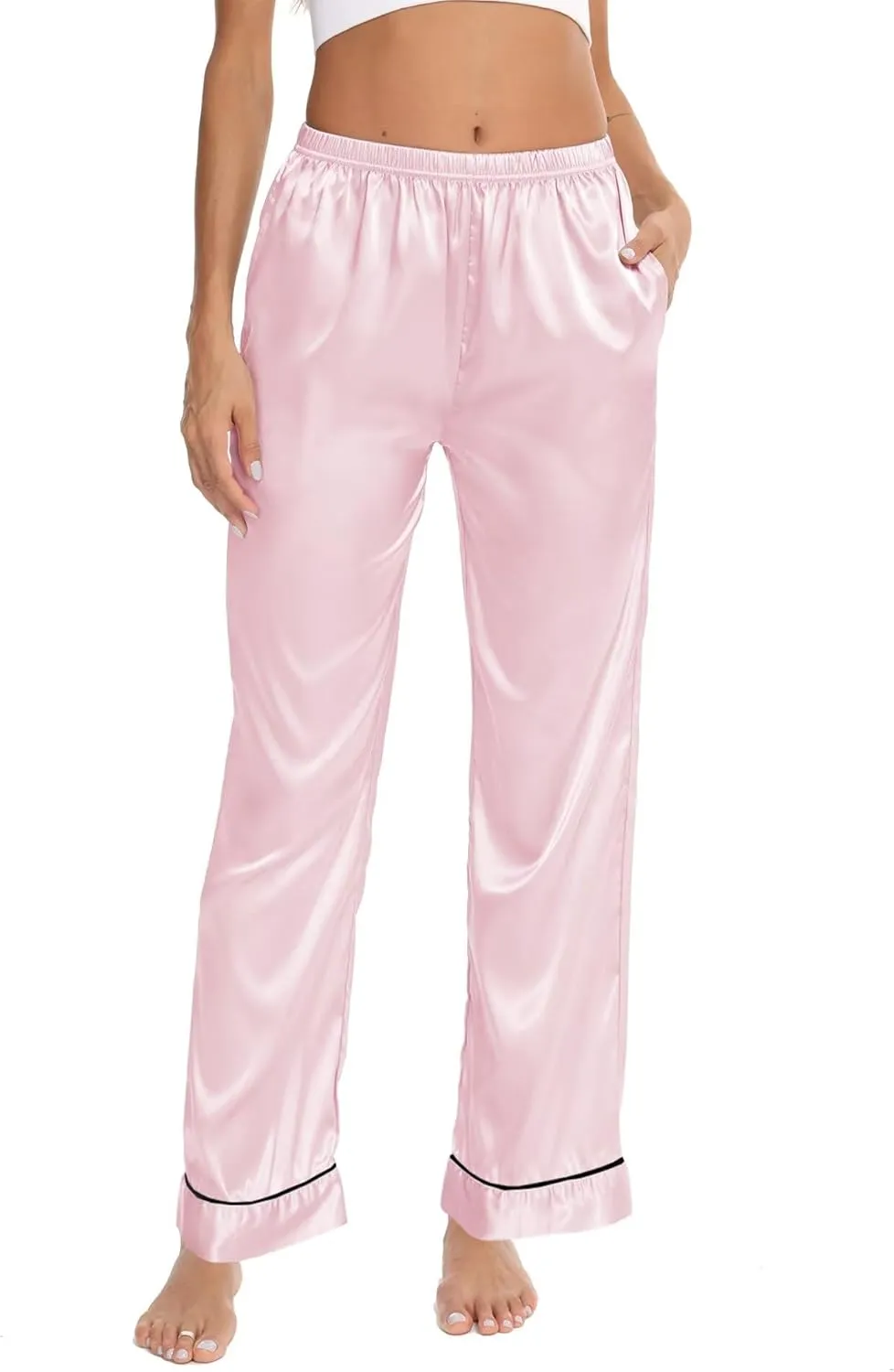 SWOMOG Women's Silk Satin Pants Wide Leg Pajama Bottoms Palazzo Lounge Pants Casual Loose Trousers Pj with Pockets