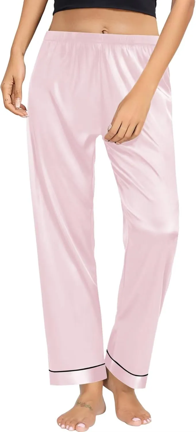 SWOMOG Women's Silk Satin Pants Wide Leg Pajama Bottoms Palazzo Lounge Pants Casual Loose Trousers Pj with Pockets
