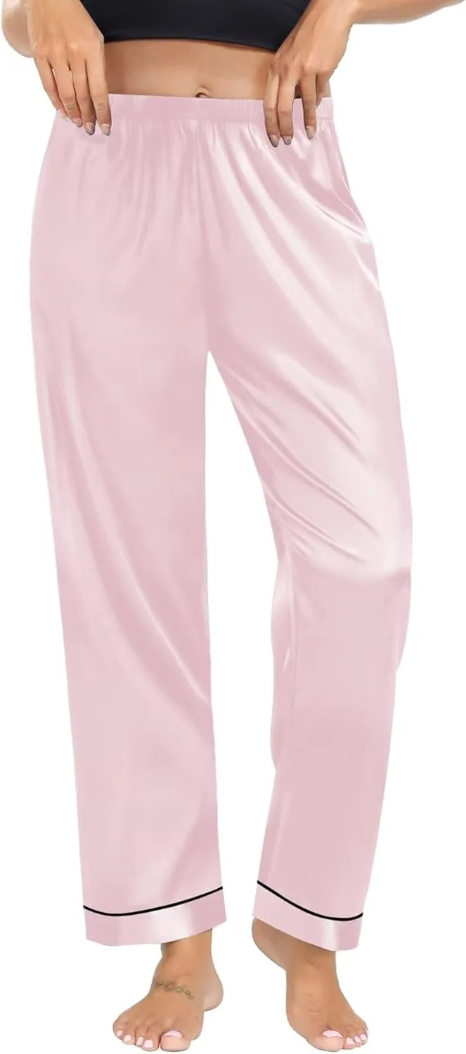 SWOMOG Women's Silk Satin Pants Wide Leg Pajama Bottoms Palazzo Lounge Pants Casual Loose Trousers Pj with Pockets