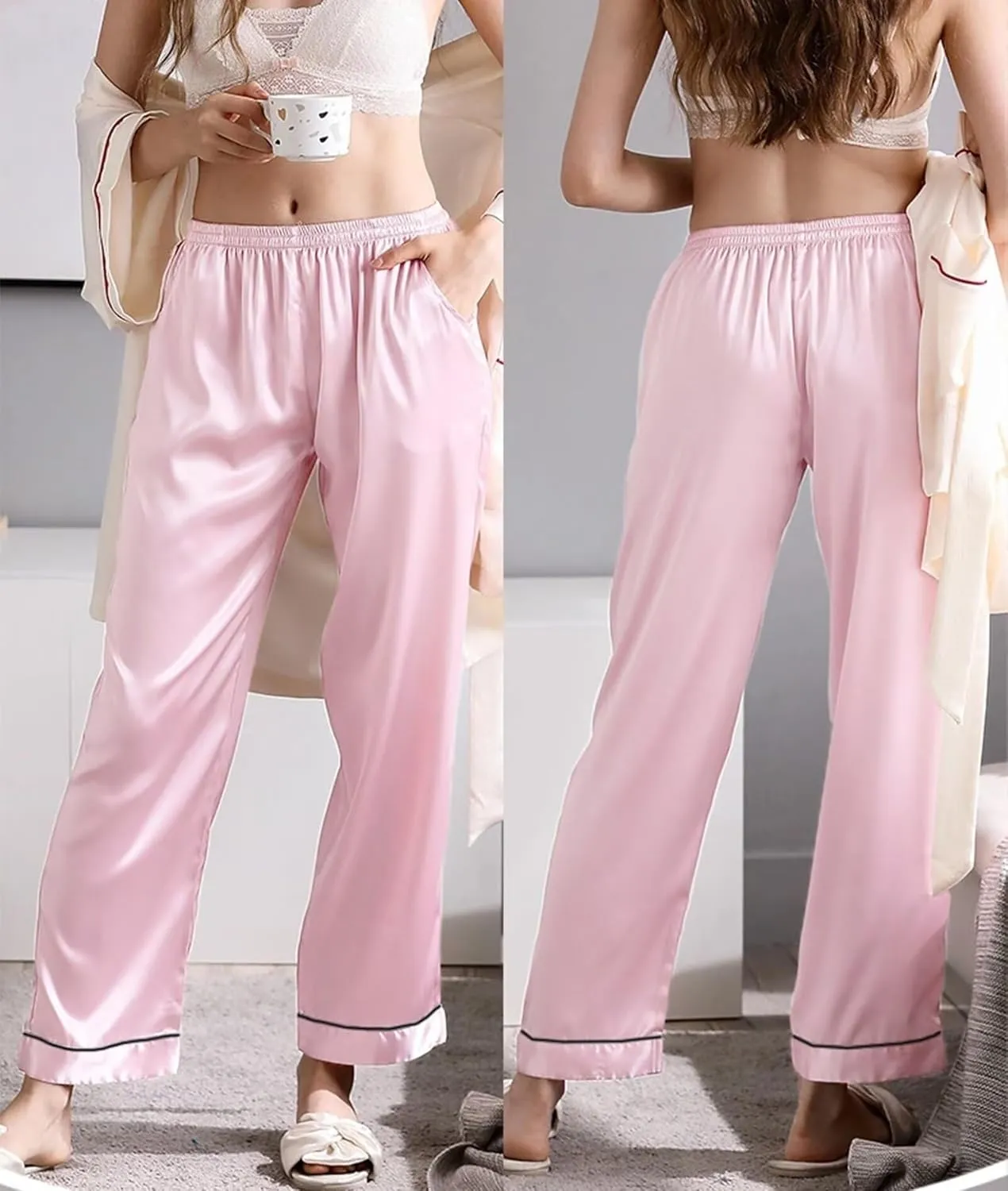 SWOMOG Women's Silk Satin Pants Wide Leg Pajama Bottoms Palazzo Lounge Pants Casual Loose Trousers Pj with Pockets