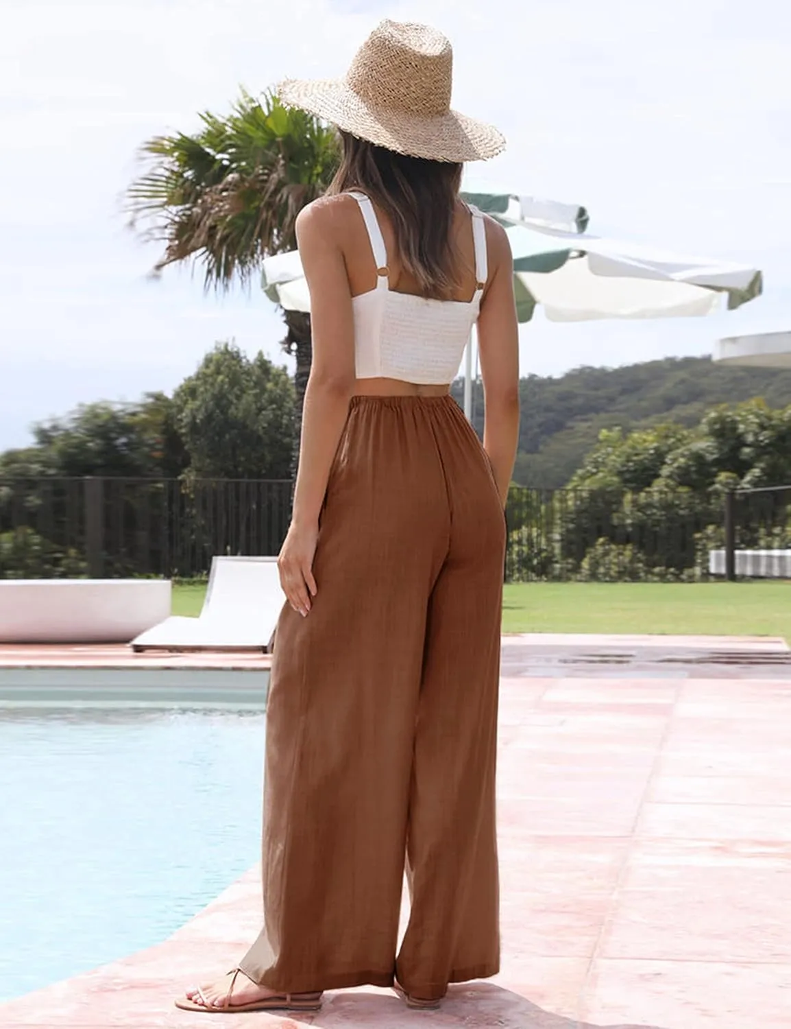 Tanming Wide Leg Linen Pants for Women Summer Flowy High Waisted Beach Palazzo Trousers