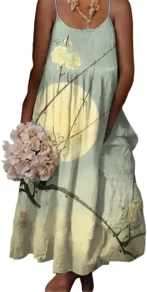 TIAFORD Women's Spaghetti Strap Sleeveless Cotton Linen Sundress Summer Beach Casual Floral Printed Tank Maxi Dresses