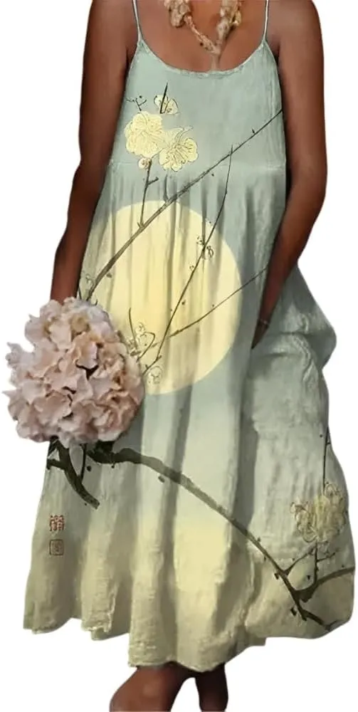 TIAFORD Women's Spaghetti Strap Sleeveless Cotton Linen Sundress Summer Beach Casual Floral Printed Tank Maxi Dresses
