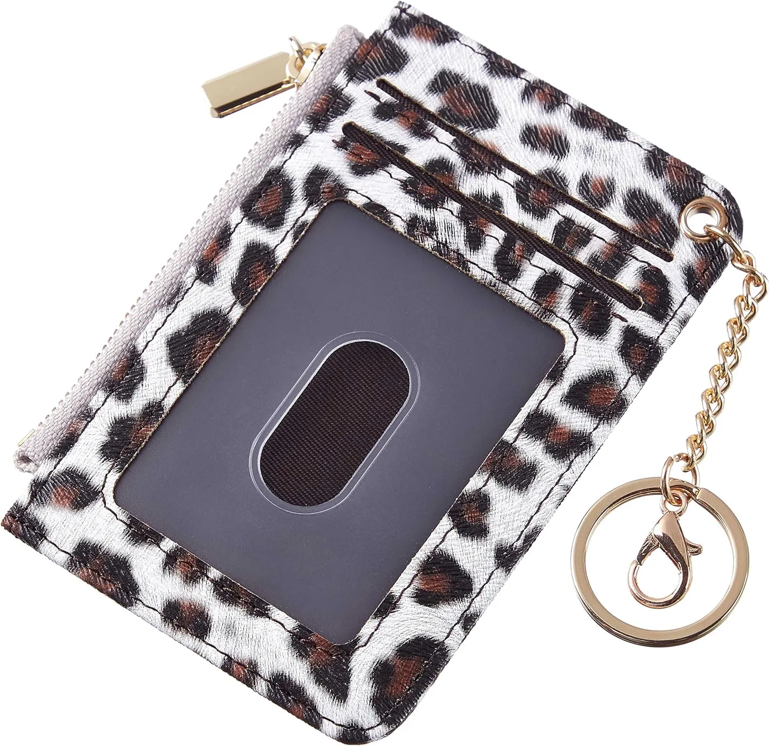 Toughergun Credit Card Cases Slim Wallet Business Card Cases Women RFID Blocking Keychain Billfolds Thin Card Holder Front Pocket Wallet with ID Window (Leoperd Brown)