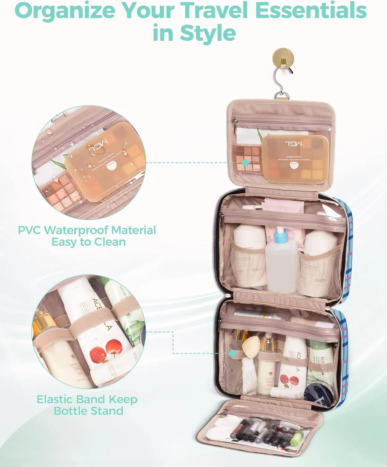 Travel Hanging Toiletry Bag for Women, Water-Resistant Cosmetic Organizer with 4 Compartments & 360 Swivel Hook, TSA-Approved Makeup Bag for Shampoo, Full Sized Container, Toiletries (Pink)