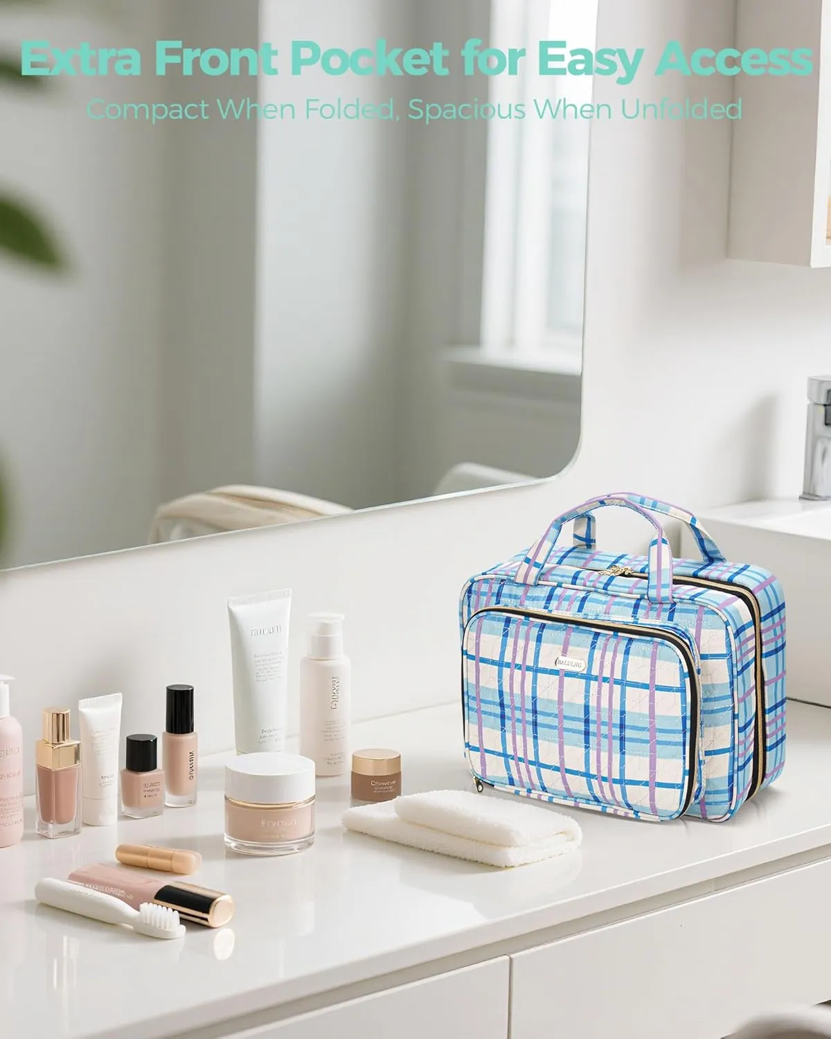 Travel Hanging Toiletry Bag for Women, Water-Resistant Cosmetic Organizer with 4 Compartments & 360 Swivel Hook, TSA-Approved Makeup Bag for Shampoo, Full Sized Container, Toiletries (Pink)