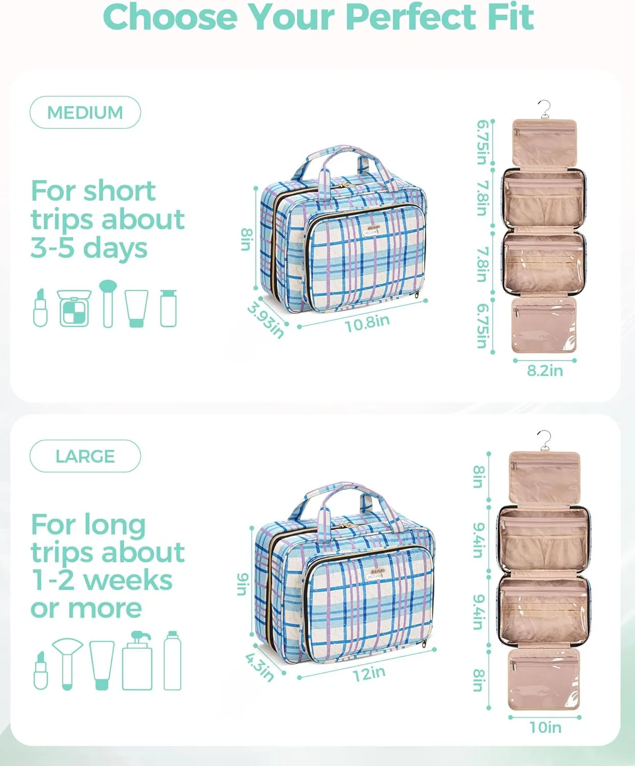 Travel Hanging Toiletry Bag for Women, Water-Resistant Cosmetic Organizer with 4 Compartments & 360 Swivel Hook, TSA-Approved Makeup Bag for Shampoo, Full Sized Container, Toiletries (Pink)