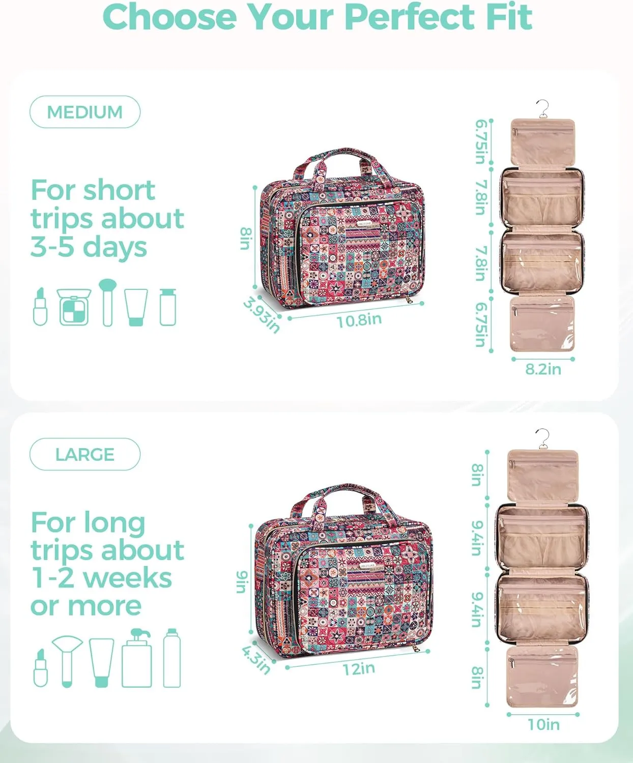 Travel Hanging Toiletry Bag for Women, Water-Resistant Cosmetic Organizer with 4 Compartments & 360 Swivel Hook, TSA-Approved Makeup Bag for Shampoo, Full Sized Container, Toiletries (Pink)