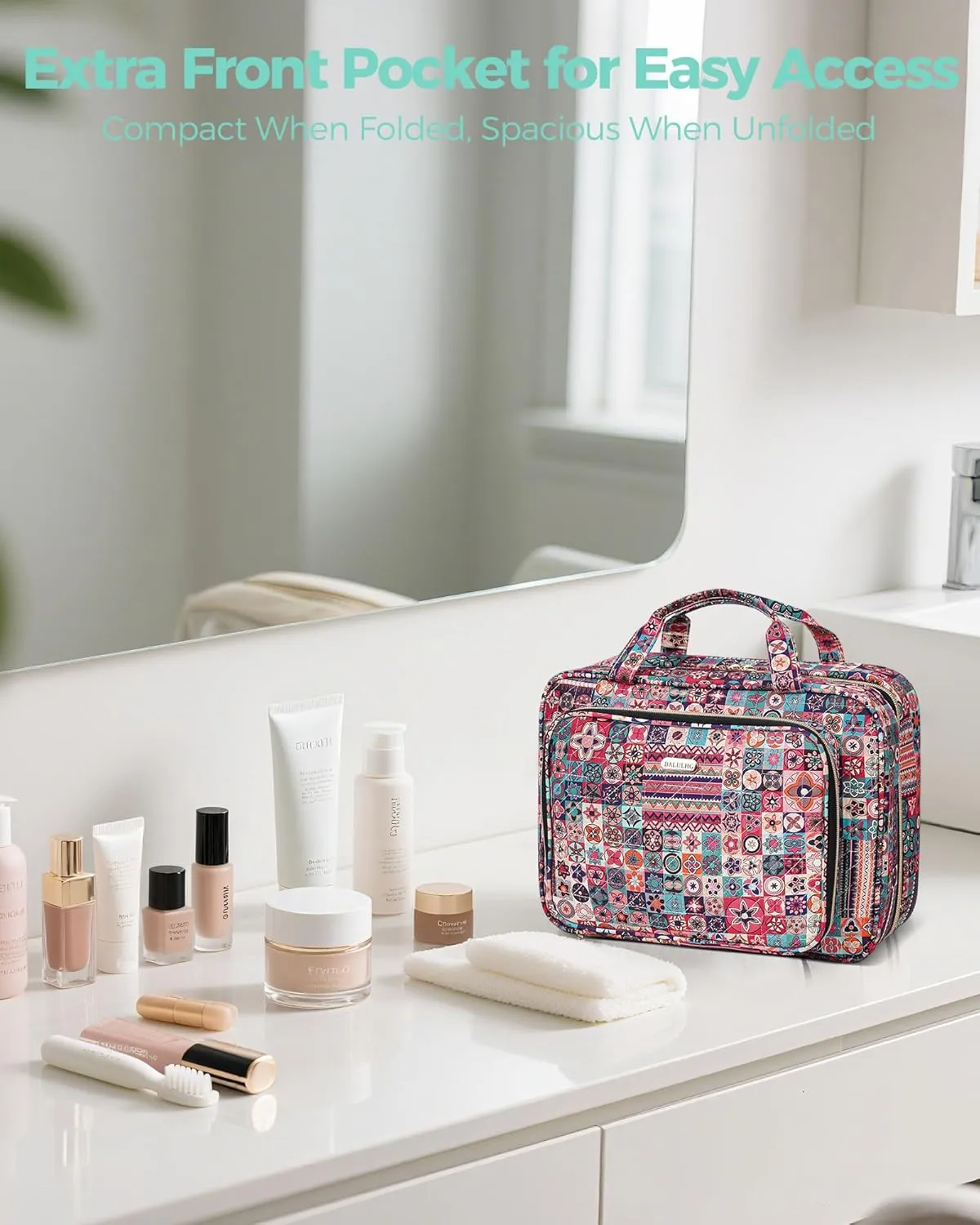 Travel Hanging Toiletry Bag for Women, Water-Resistant Cosmetic Organizer with 4 Compartments & 360 Swivel Hook, TSA-Approved Makeup Bag for Shampoo, Full Sized Container, Toiletries (Pink)