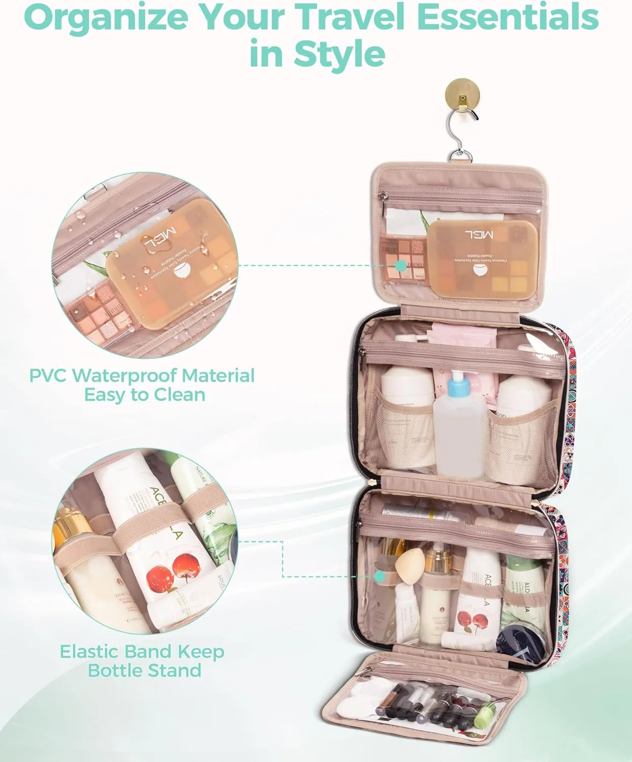 Travel Hanging Toiletry Bag for Women, Water-Resistant Cosmetic Organizer with 4 Compartments & 360 Swivel Hook, TSA-Approved Makeup Bag for Shampoo, Full Sized Container, Toiletries (Pink)
