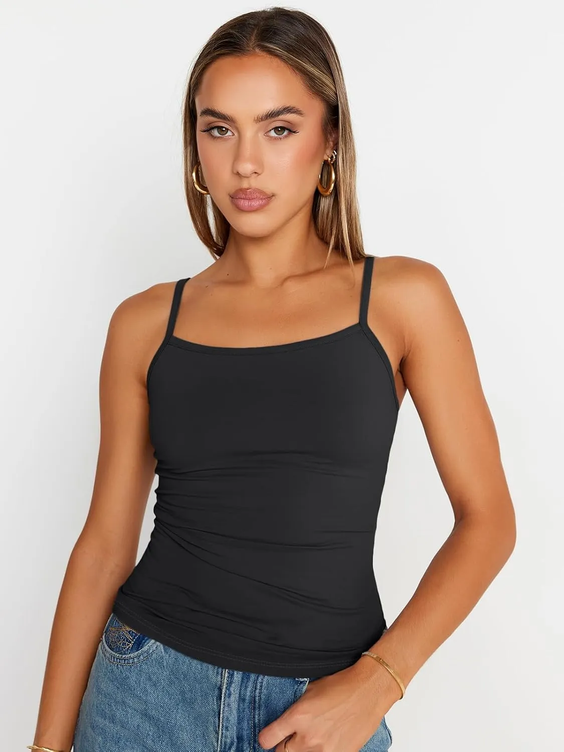 Trendy Queen Womens Adjustable Camisole Sleeveless Square Neck Spaghetti Strap Tank Tops Basic Shirt